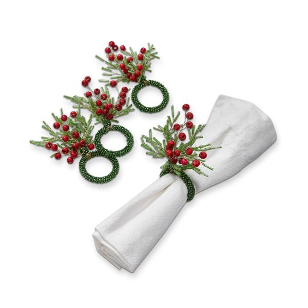 Christmas Botanical Napkin Ring Set, Set of 4