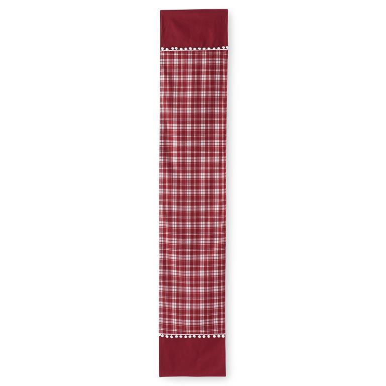 Red & White Plaid Runner with Pom Pom Trim