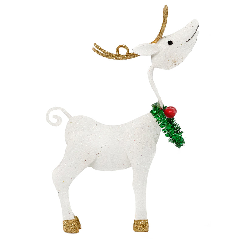 Glittered White Reindeer Tin Ornament