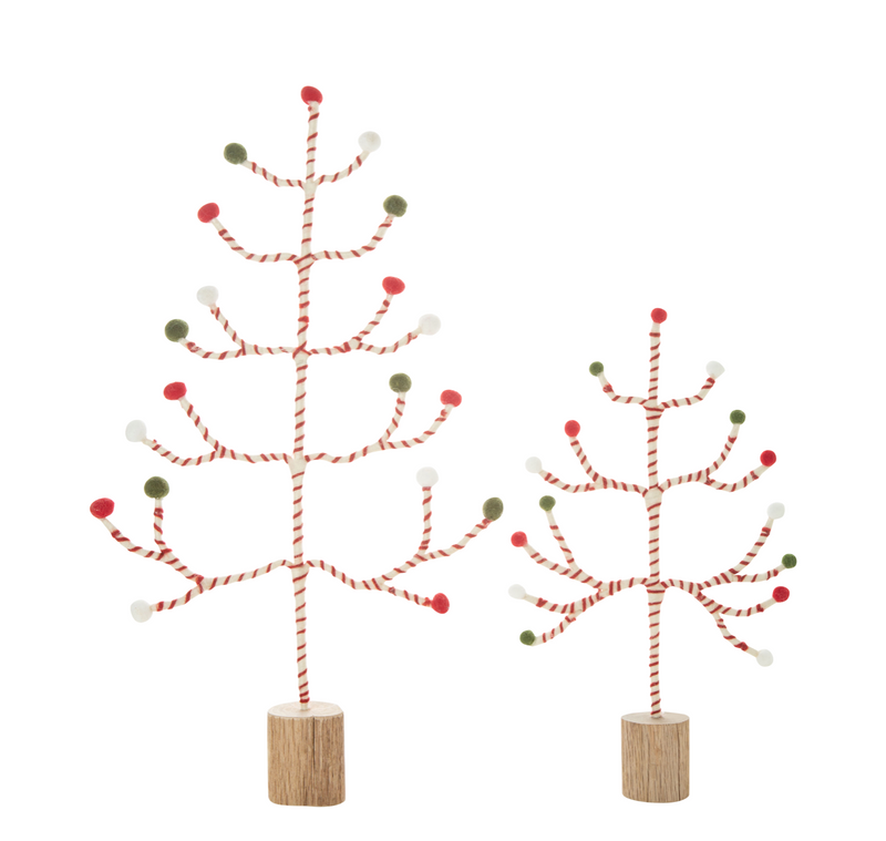 Candy Cane-Striped Tabletop Trees with Pom Poms, Set of 2