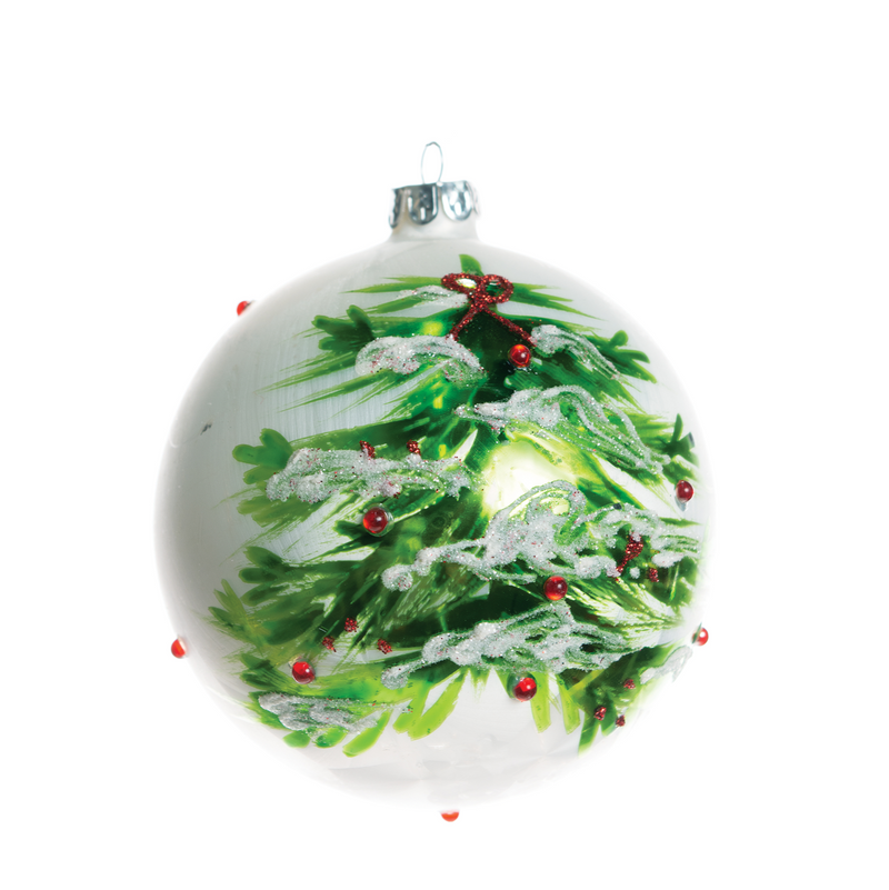 Pearlized White Glass Ornament with Christmas Tree