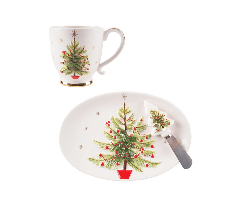 Christmas Tree Hostess Set, Set of 3 - Plate, Spreader, & Cup