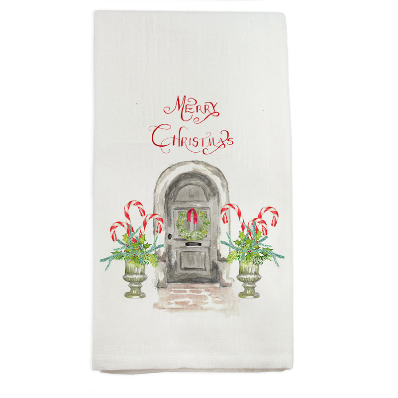 "Merry Christmas" Towel - Festive Front Door with Candy Cane Topiaries